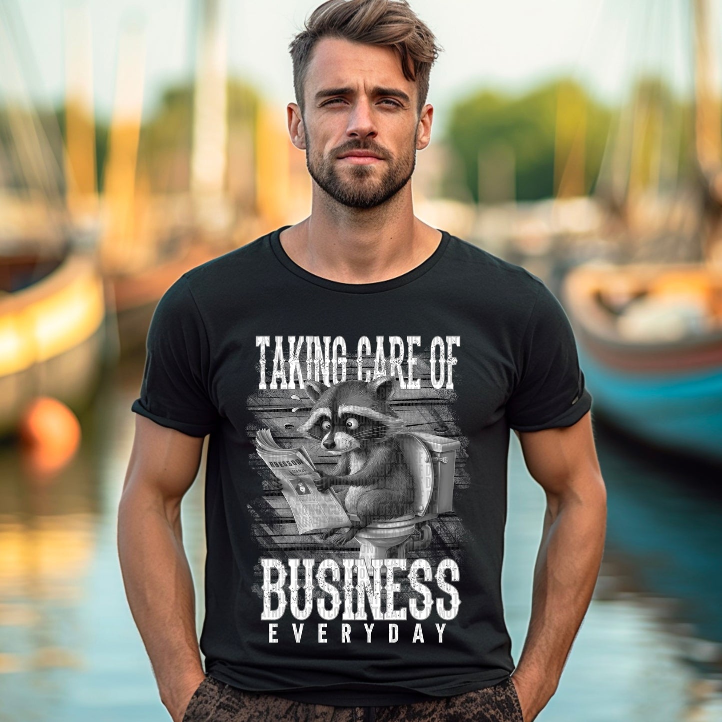 Taking care of business everyday raccoon white grey scale-Completed tee/Bella